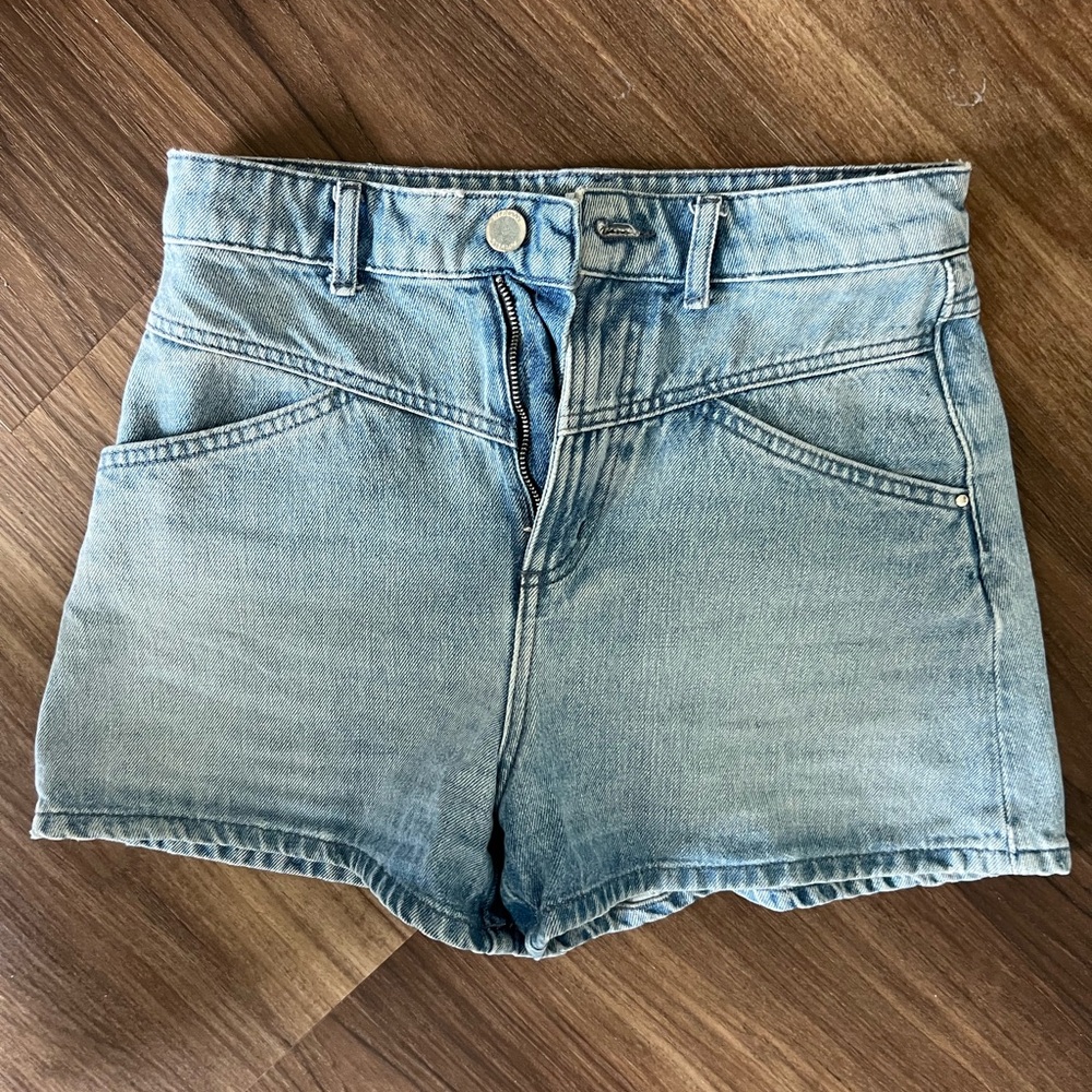 Blue Jean Shorts with Frayed Hem and Distressed Look